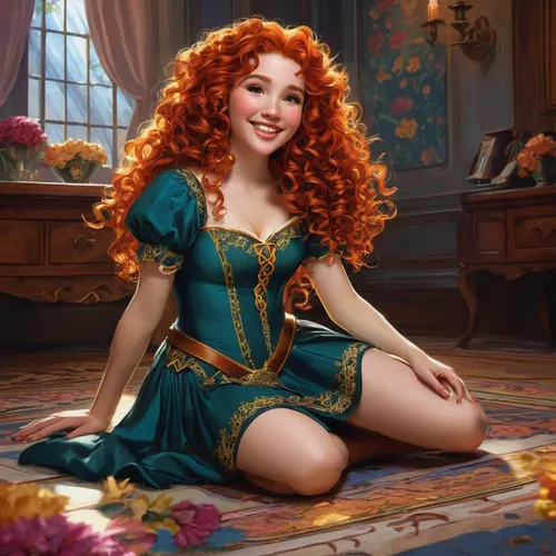  A sex Merida princess on the floor cheerful, happy, radiant and smiling   ,  liberty cotton, romantic look,   agent provocateur   , beautiful, elegant, atmospheric,merida,rapunzel,celtic woman,cinder