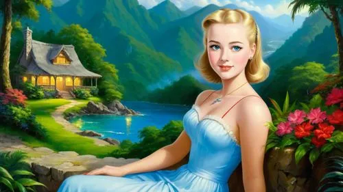 Romantic masterpiece oil painting, beautiful girl portrait, sitting, nostalgic 1950's style kitsch, vibrant rainforest,  mountaintop cottage landscape, lush tropical jungle paradise, summer beach scen