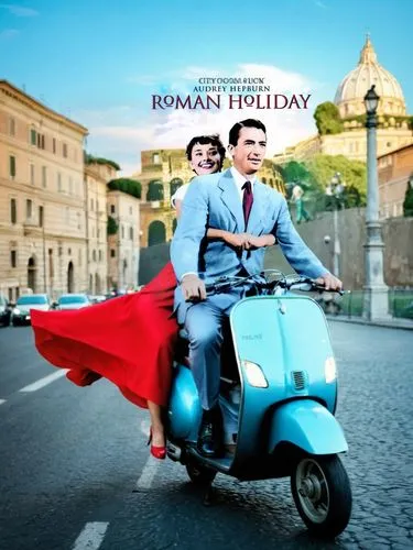 Man in a suit riding a scooter with a lady in a red dress, city street scene of Rome in the background,a man and woman on a moped riding down the road,rome,rome 2,september in rome,romanies,eternal ci