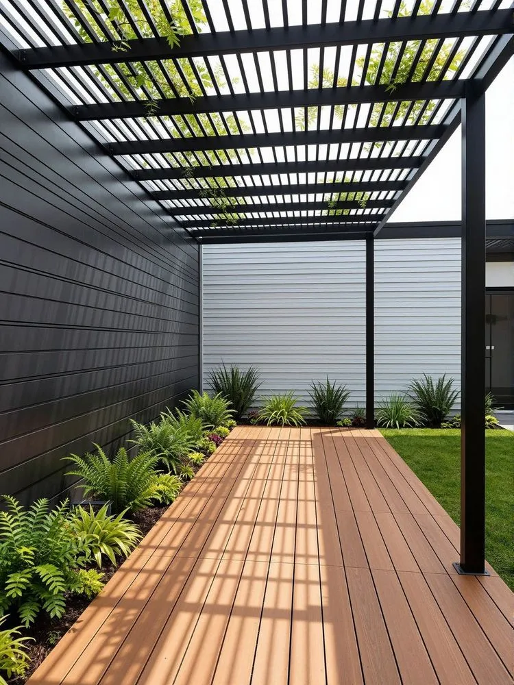 a wooden patio in front of a black building