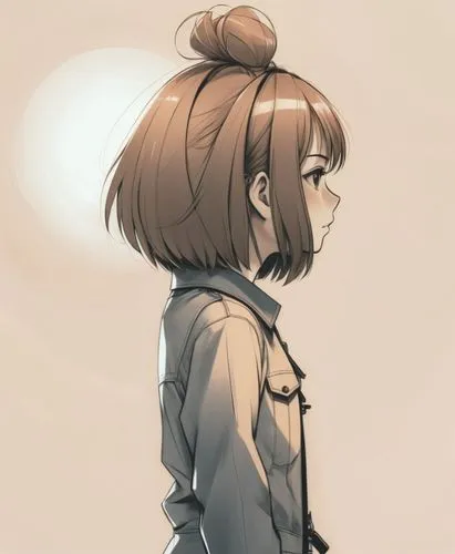 Illustration plate vectorielle d'un personnage d'anime minimaliste aux contours noirs soignés épais. Le personnage présente des proportions humaines réalistes, avec des cheveux coupe garçone. Vêtement