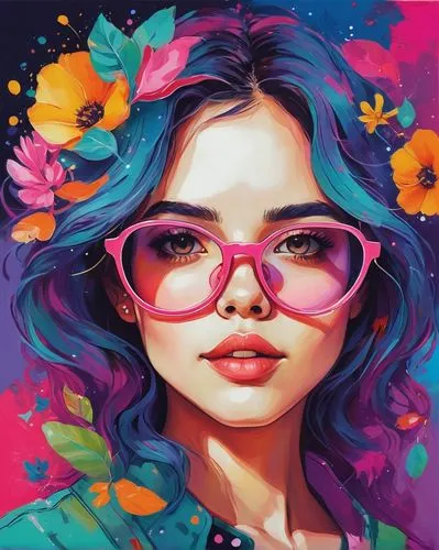 Paint a profile picture with vibrant colors and playful elements.,a woman with glasses painted in bright colors,colorful floral,colorful background,girl in flowers,illustrator,color glasses,boho art,f