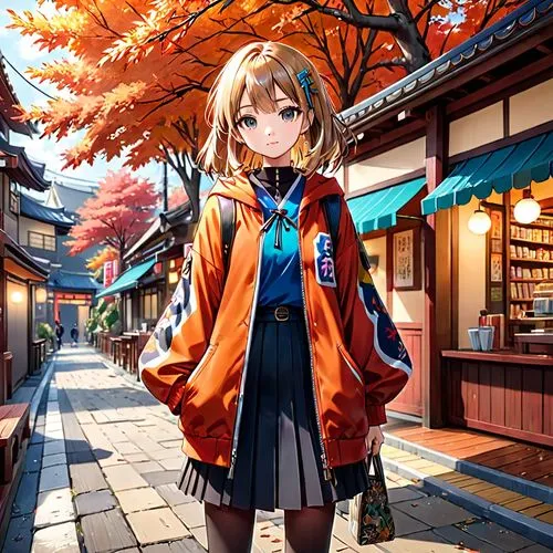 japanese style, manga, realistic,colors,autum,internet caffe,the anime image is a  with orange hair,autumn background,tsumugi kotobuki k-on,mikuru asahina,kizuna,anime japanese clothing,kururi,Anime,A