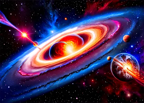 Cosmic scene, galaxy cluster, vibrant nebulae, swirling gas clouds, shining stars, planets in orbit, black hole center, 3D spherical composition, dramatic lighting, cinematic depth of field, stunning 
