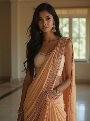 bengali indian slim woman in tank top, and saree, with casual vibe of morning in her empty room, ready for office, professional photography, best quality, 8k resolution, incredibly detailed, masterpie