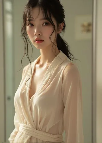 提示：
真人拍攝、完美比例、東方女子，白化女人，白皙光滑、赤裸全身、大白長腿、赤腳、嫵媚動人姿勢、害羞性感
披著白色薄透浴袍，站在現代化的浴室淋浴間，濕漉漉的黑髮馬尾、齊瀏海滴著水。6500K溫暖黃光嵌燈照明、光影效果
她的眼睛非常細緻，長長的睫毛襯托出她的美麗。
她的嘴唇同樣細緻，畫得精準。肌膚細節豐富，毛孔清晰可見。
皮膚上有幾滴水珠。
工作室燈光被熟練地用於捕捉她臉部的每一個細微差別，並透過