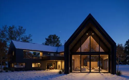 A modern, minimalist black house with a triangular roof and large glass windows, set in a snowy landscape at night. the house is situated on the right side of the image, with a clear blue sky and bare