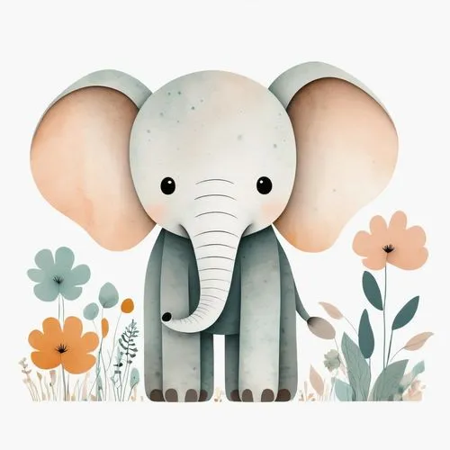 A cute elephant clipart, organic forms, in the style of Jon Klassen, desaturated light and airy pastel color palette, nursery art, white background
,asian elephant,elephant,circus elephant,elephant to