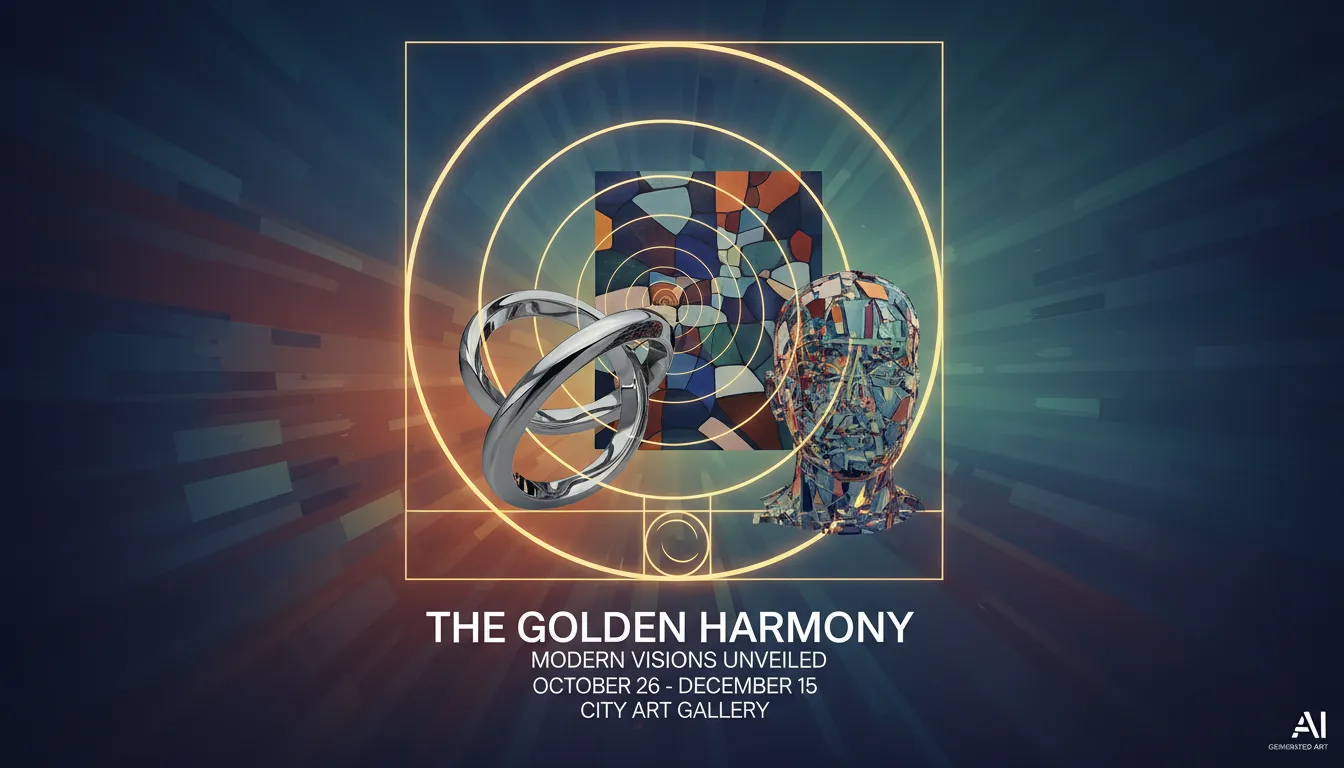 Un poster generato dall'AI per una mostra d'arte moderna, con una spirale della Sezione Aurea traslucida sovrapposta che mostra come gli elementi principali si allineino perfettamente lungo la sua curva.