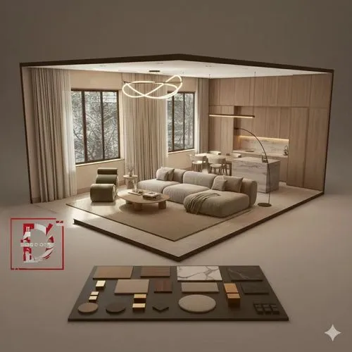 Position a modern red and white logo in the corner of the image, ensuring it blends organically with the existing composition, lighting, and background elements, without altering them.,the room is sho