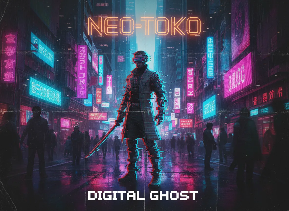 एक विशिष्ट साइबरपंक सौंदर्य वाला एक पोस्टर, जिसमें नियॉन-लिट सड़कें और एक दृश्यमान ग्लिच और क्रोमेटिक एबरेशन प्रभाव वाला एक चरित्र है।