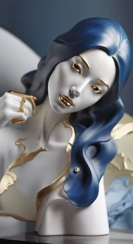 statue depicting woman with golden jewelry in artistic fashion,porcelain dolls,glass painting,woman sculpture,paper art,clay doll,wooden doll,plastic model,miniaturist,artist doll,miniature figure,dec