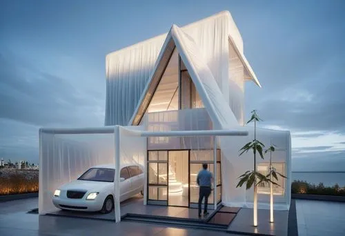 man standing near his car in a futuristic home,folding roof,cubic house,cube house,smart home,modern architecture,sky apartment,modern house,smart house,prefab,cube stilt houses,frame house,penthouses
