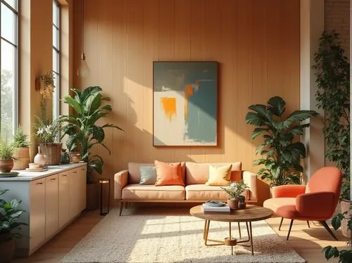 Vibrant artistic studio, eclectic furniture arrangement, warm beige walls, rich wood accents, natural fiber rugs, bold brushstroke artwork, pastel-hued ceramics, metallic gold lighting fixtures, cream