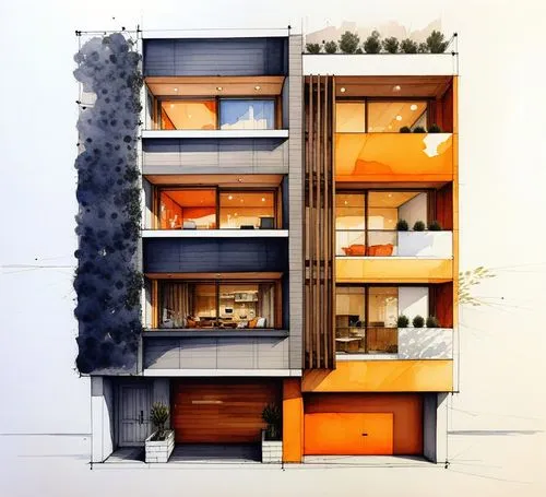 a drawing of a building with many levels,an apartment,habitaciones,neutra,habitat 67,multistorey,condominia,apartment building,apartments,condominium,apartment block,lasdun,lofts,seidler,block balcony