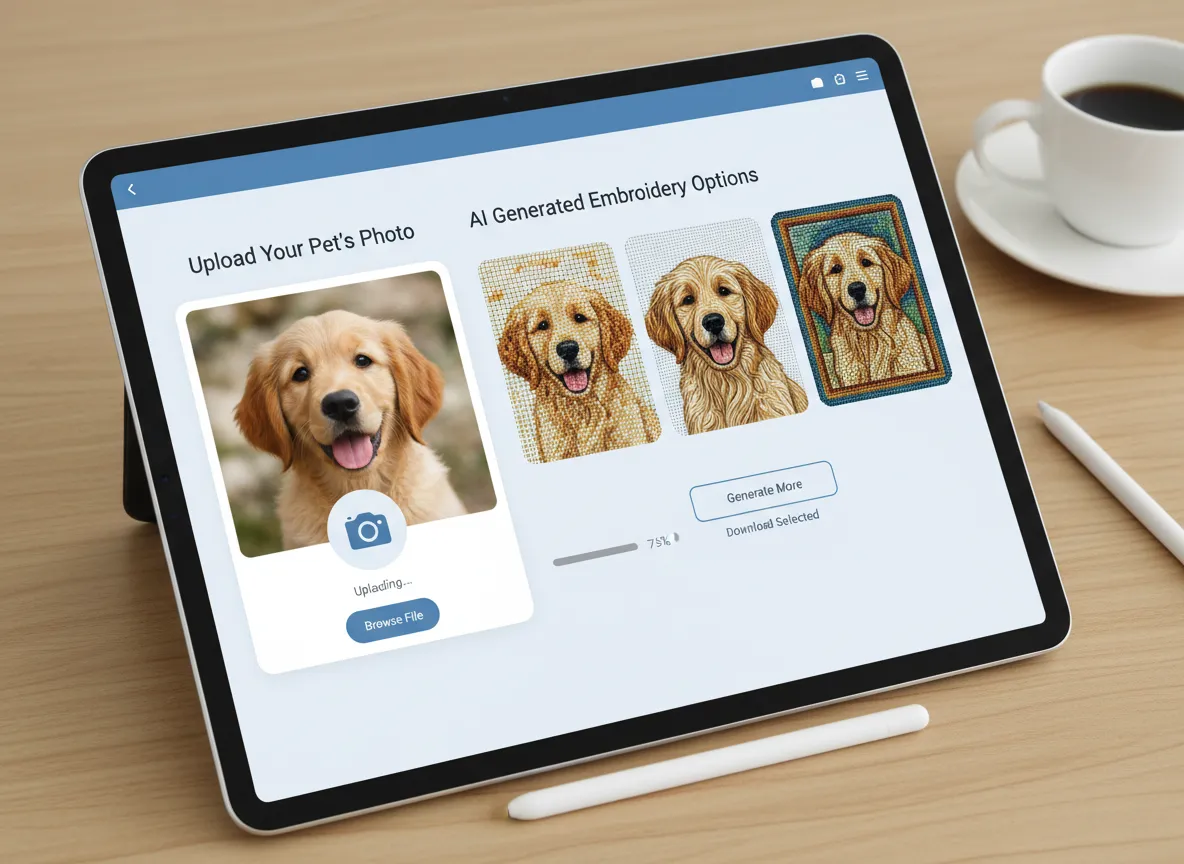 एक इंटरफ़ेस मॉकअप जिसमें एक उपयोगकर्ता एक पालतू जानवर की तस्वीर अपलोड कर रहा है और एआई उसके बगल में कई कढ़ाई शैली के विकल्प उत्पन्न कर रहा है।