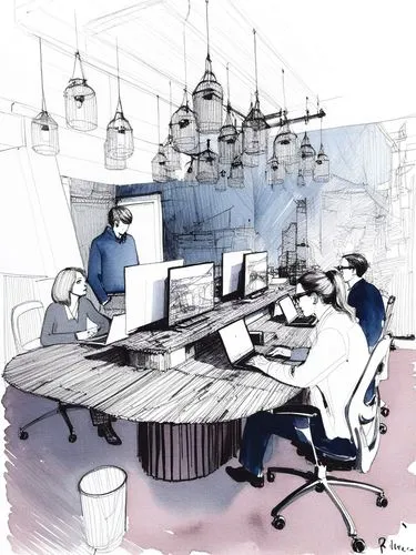 a man at a table with multiple computer screens,working space,office desk,workstations,creative office,in a working environment,work desk