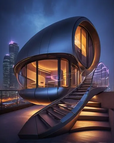 Curved futuristic pod, CFP-inspired, sleek metallic materials, reflective glass surfaces, neon-lit accents, intricate structural details, cantilevered roof, spiral staircase, minimalist interior desig