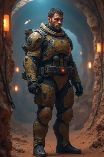 Science fiction scene. Space. Exploration robots, Mars. Living quarters with lights and headlights. Photo. Hyper-realistic image. Perfect.,a man with a sci - fi helmet standing inside a tunnel,aquanau