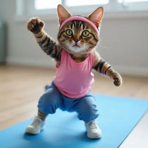 Un chat tigré brun adulte, portant un bandeau rose, un débardeur rose et un pantalon de sport bleu, ainsi que des baskets blanches. Il est sur un tapis de yoga bleu dans ce qui semble être une salle d