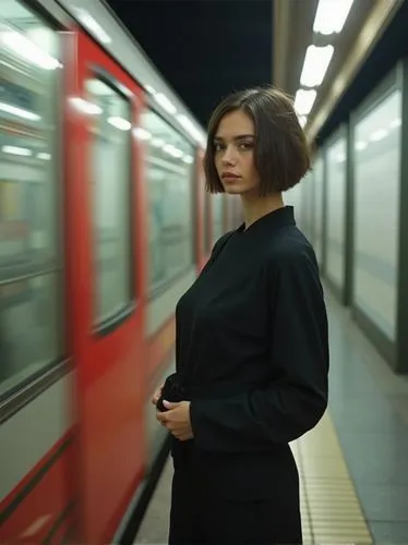 A modern, minimalist fashion photo portrait. The model is in motion on an underground station platform, with blurred movement. The scene features red and white stripes, glass reflections, and soft lig