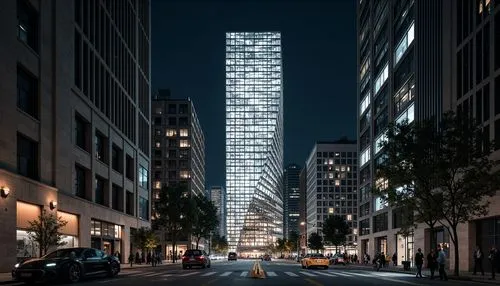Monochromatic skyscraper, sleek metallic fa\u00e7ade, neon-lit nighttime scene, urban cityscape, bustling streets, contemporary architecture, minimalist design, bold geometric shapes, abstract pattern