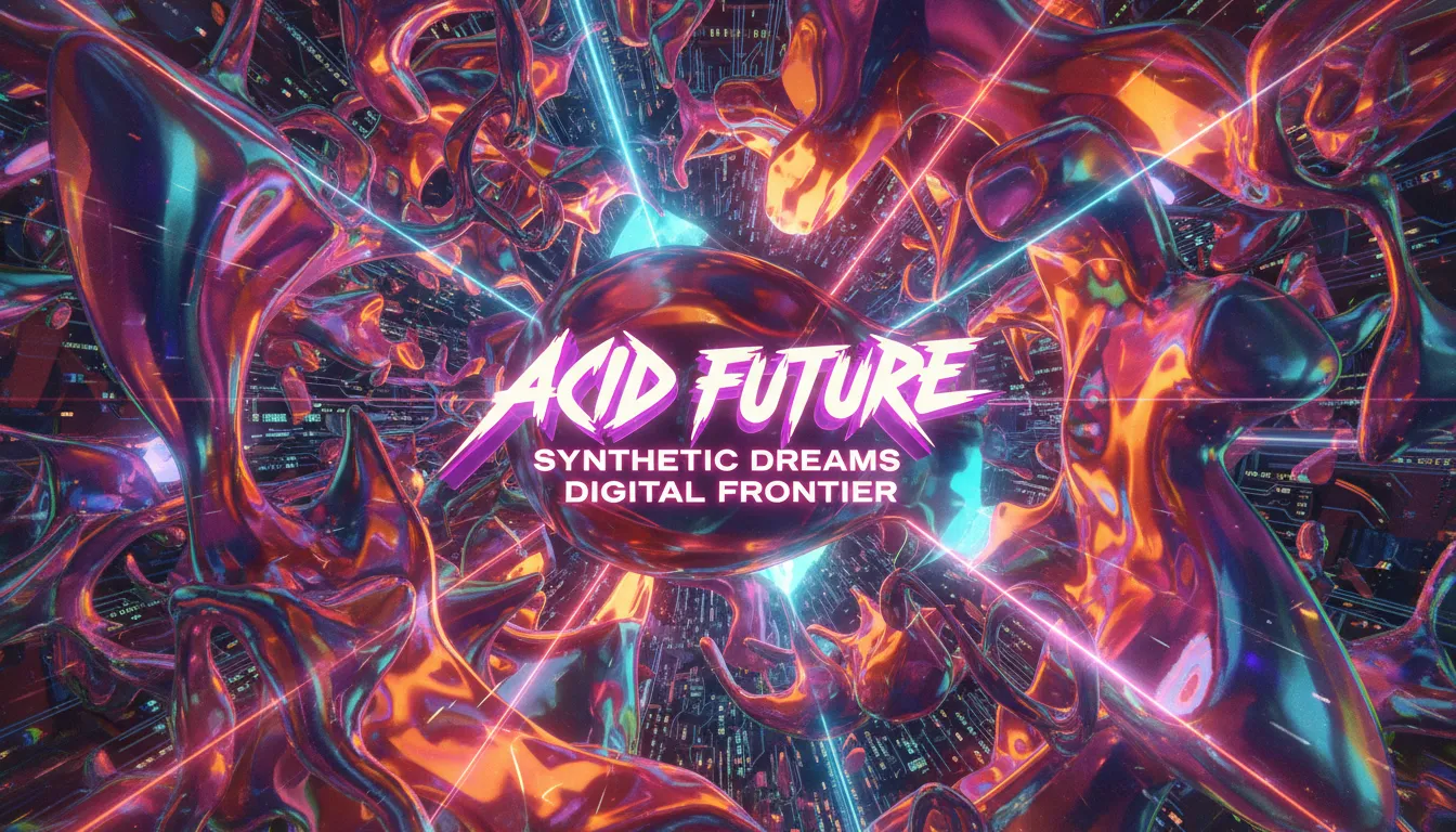 Un vivace poster generato dall'AI in stile Acid Graphics, con colori iridescenti, forme astratte e tipografia futuristica.