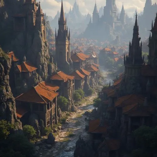 Ps gaming فائق الجمال والدقة,a view of a town in a game with towers,ancient city,medieval town,mountain settlement,fantasy city,elves country,mountain village