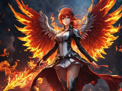 Anime fire angel girl wallpaper hd by tritonanonymousgfx,fire angel,phoenix,fire siren,archangel,flame spirit,fire background,fallen angel,angelology,uriel,firebird,business angel,fire lily,winged hea
