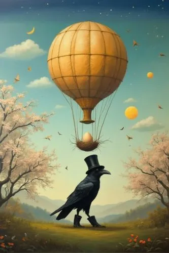 The painting is in the style of surrealist illustrations by James K. Christensen and Daniel Merriam. The painting depicts a large figure of a black rook walking through the grass. He is wearing a blac
