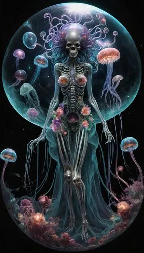 translucent skeletal flowerhead woman, curled in a ball, jellyfish, black background, xray, cosmos, stars, moon ,nebula, planets, comet, lightning, synapse, ,Life,medusahead,cnidaria,jellyfish collage