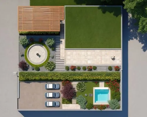 Landscape Design,a residential backyard with seating, swimming pool and grass - lined landscaping,landscaped,flat roof,outdoor pool,pool house,roof top pool,garden elevation,roof landscape,mid century