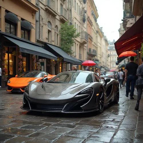 Create a vibrant scene in a bustling city with sleek, modern sports cars parked alongside upscale boutiques. Showcase a McLaren P1 as the centerpiece, designed with intricate lines and bold curves. Ad