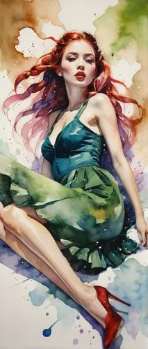 Extremely realistic Watercolor of a vampire slayer on the sofa with large eyes and toned legs. Wearing short dress, in the snow. Low-angle shot. Vibrant monochrome grading. Green eyes. Blue lips. Long
