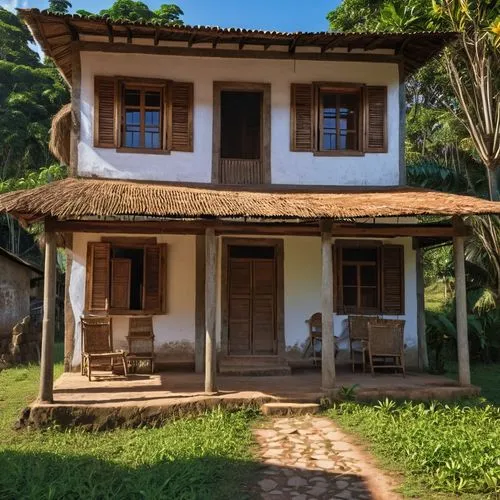 casa rural de barro no interior da bahia ,an old house with a sitting area and balcony next to it,javanese traditional house,traditional house,old colonial house,bahay,puttumatalan,sabaragamuwa,Photog
