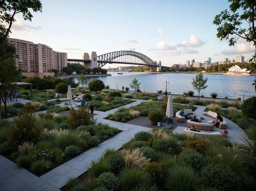 Vibrant Sydney Harbour, iconic Opera House, lush greenery, native Australian plants, meandering walking paths, public art installations, social housing complex, modern architecture, angular lines, min