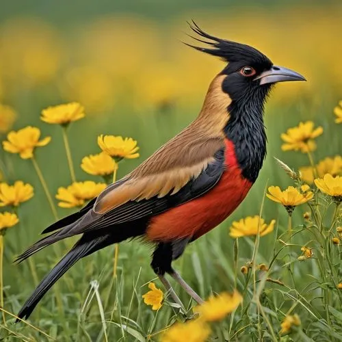 a close up of a bird sitting on some flowers,aracama,male finch,bobolink,flamencos,asian bird,bird flower
