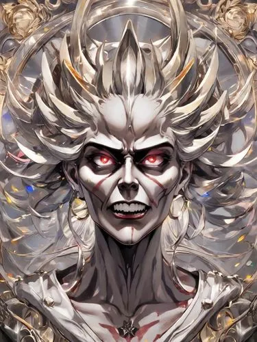 the evil man with red eyes has lots of white hair,karna,kefka,angra,boros,rakshasa,trishula