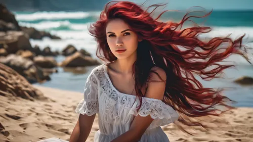 a beautiful girl sitting at the beach. wind blow her messy long burgundy hair ,mermaid background,lydians,dyesebel,redhair,melisandre,ariel,sirenia,amphitrite,red hair,the sea maid,little mermaid,beac