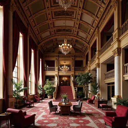 Ornate student hall, rich velvet drapes, gilded wooden paneling, intricately carved furniture, lavish crystal chandeliers, majestic stone columns, grandiose staircases, opulent marble floors, regal re
