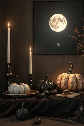 pumpkins, gourds and candles sit atop a table with a moon in the background,halloween background,halloween frame,halloween poster,decorative pumpkins,halloween wallpaper,halloween decor