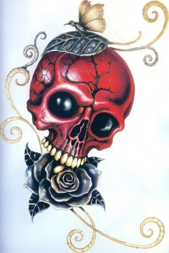 a tattoo art work featuring a skull and a rose,skullduggery,floral skull,skull allover,skull with crown,skull and crossbones,skull bones,skull and cross bones,jolly roger,skull drawing,skull mask,suga