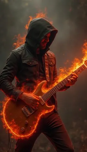 realistic guitarist plays with a burning guitar,a man wearing a hood and black jacket playing an electric guitar,fire background,guitar solo,incinerate,electric guitar,firebrand,fire artist,pyromania,