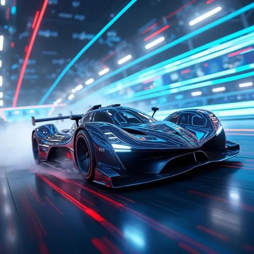 A cutting-edge hydrogen-powered race car speeding through a virtual reality racetrack. Its design features a dynamic split-wing spoiler, laser-etched branding, and integrated LED panels displaying rea
