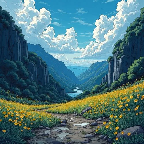 Rough edge Textured patches of rectangles form a landscape in
a dark ravine there is a spot where the sun shines and small yellow flowers bloom, in splash art textured impressionism , disintegrating l