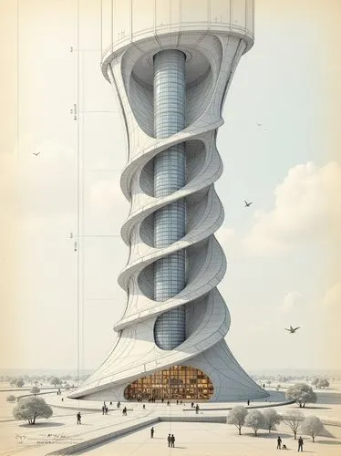 a concept design sketch of a skyscraper made up of large spiraling pillars. Concaving at the bottom and top to create a vortex shape. Behind the pillars, there is a thin white web structure for design