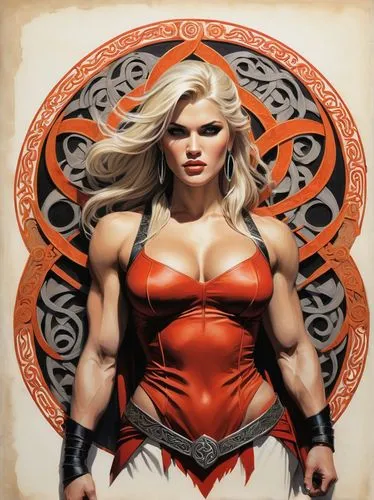In the foreground, a vibrant and lively book page is crafted with intricate lines and dynamic imagery that evoke a sense of mystery and intrigue. A female warrior dapper, dressed in a modern version o