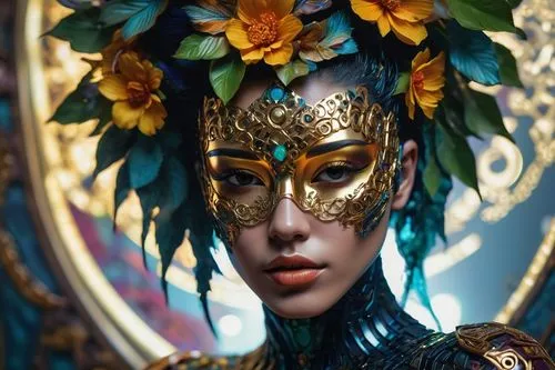 Intricate matrix ornaments 🌊✨, 8K 📺, HD 🌟, high render 🎨.,a close up of a person wearing a flower decorated mask,masquerade,headpiece,headdress,venetian mask,golden wreath,golden mask,majevica,gol