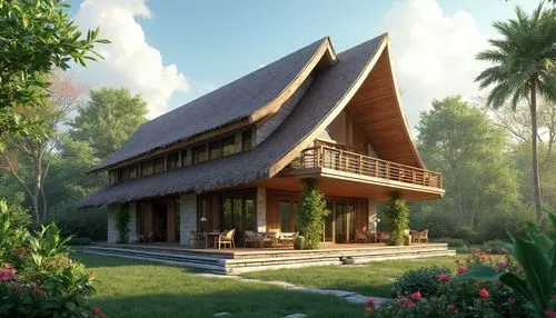 A beautiful one-story modern tropical house with a steep pointed roof, elegant wooden balcony, large glass windows, spacious veranda, natural stone walls, surrounded by lush green garden and colorful 