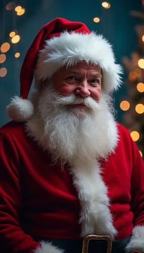 A elegant Christmas wallpaper featuring Santa Claus, styled with neon lights tones, evoking a festive and cheerful atmosphere.,a man dressed as santa clause holding soing,santa claus,santa,santa claus